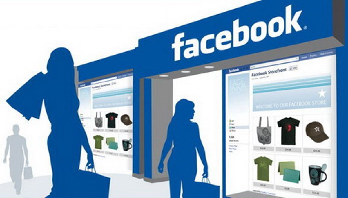 Escaparate de tienda de Facebook con siluetas de compradores y miniaturas de productos, cursos online