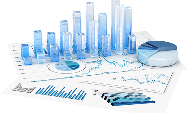 Gráficos estadísticos 3D y gráfico circular sobre hojas de datos, cursos online