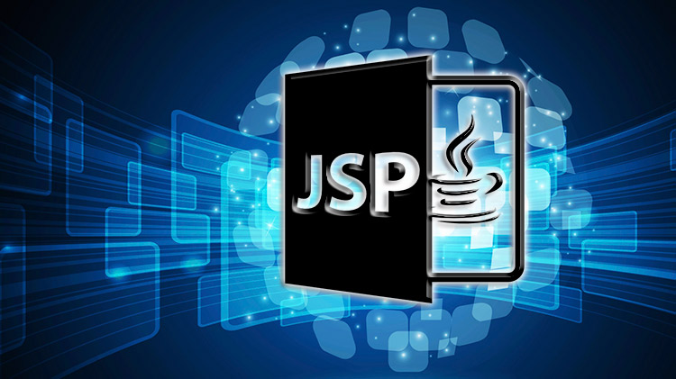 Logotipo JSP con icono de taza de Java sobre fondo tecnológico azul, cursos online