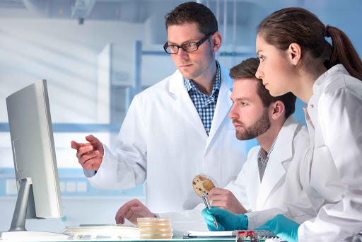 Tres técnicos de laboratorio mirando un monitor y placas de Petri — formación para el empleo