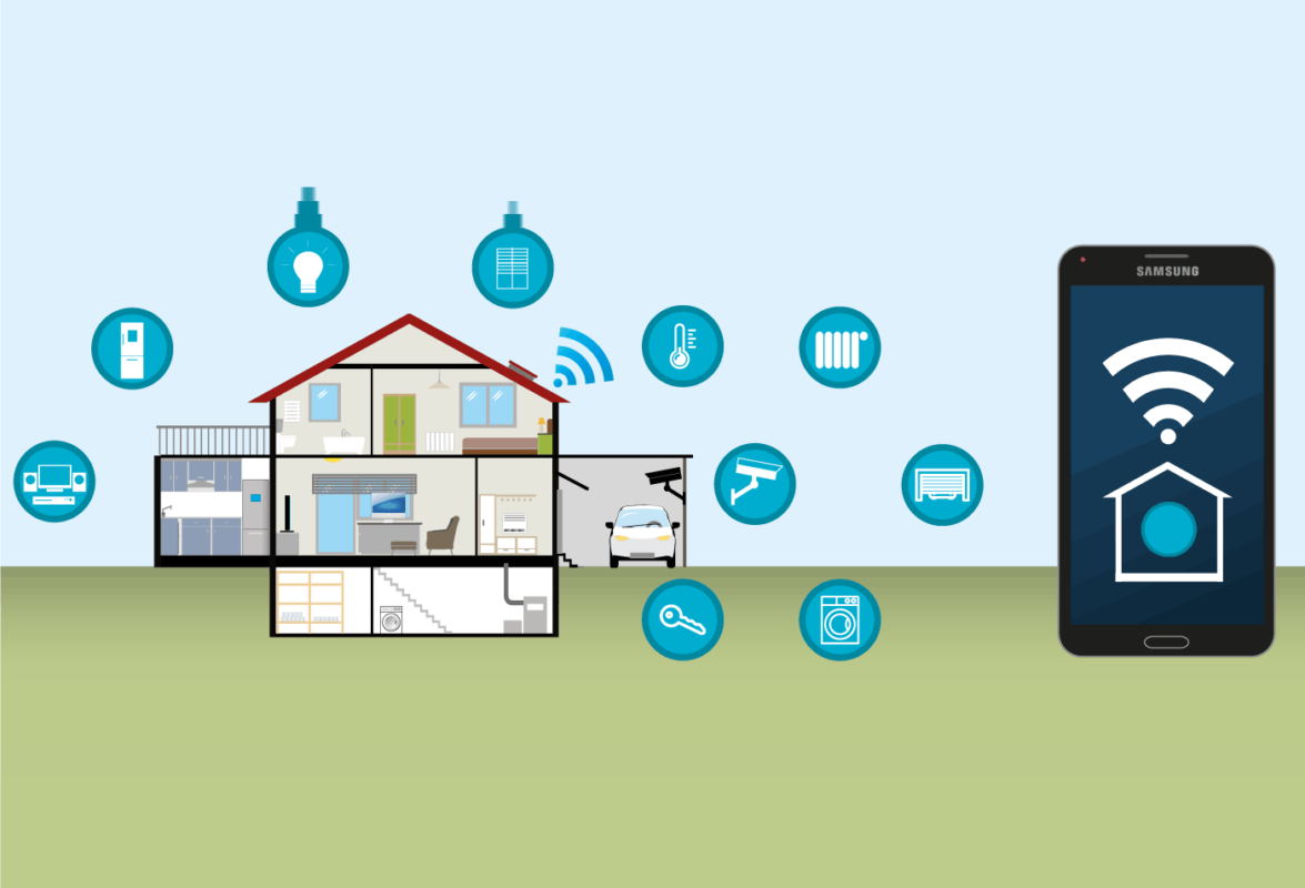 Casa en corte con iconos de domótica y smartphone de control remoto — cursos online