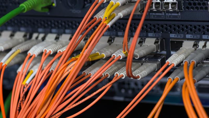Cables de fibra óptica naranja conectados a un panel de red, cursos online
