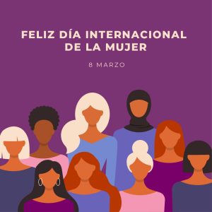 Cartel morado con texto 'Feliz Día Internacional de la Mujer' y grupo ilustrado de mujeres — formación para asociaciones