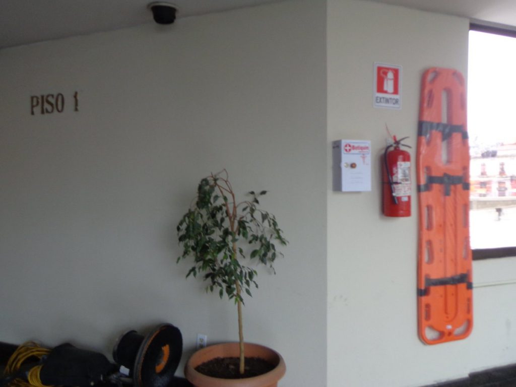 Extintor y camilla de emergencias en pasillo junto a maceta — cursos sector industrial