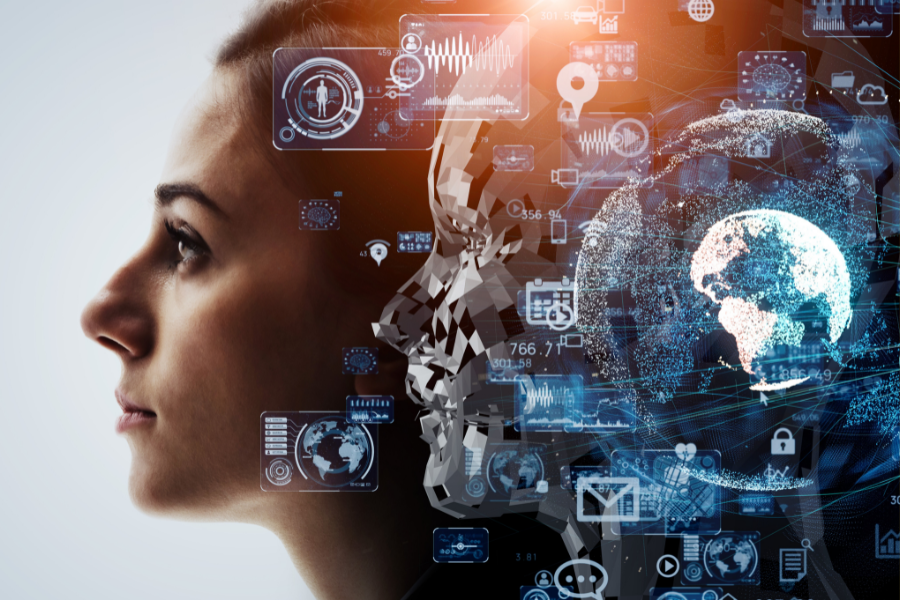 Perfil lateral de mujer con silueta poligonal y gráficos digitales junto a un globo virtual — cursos online