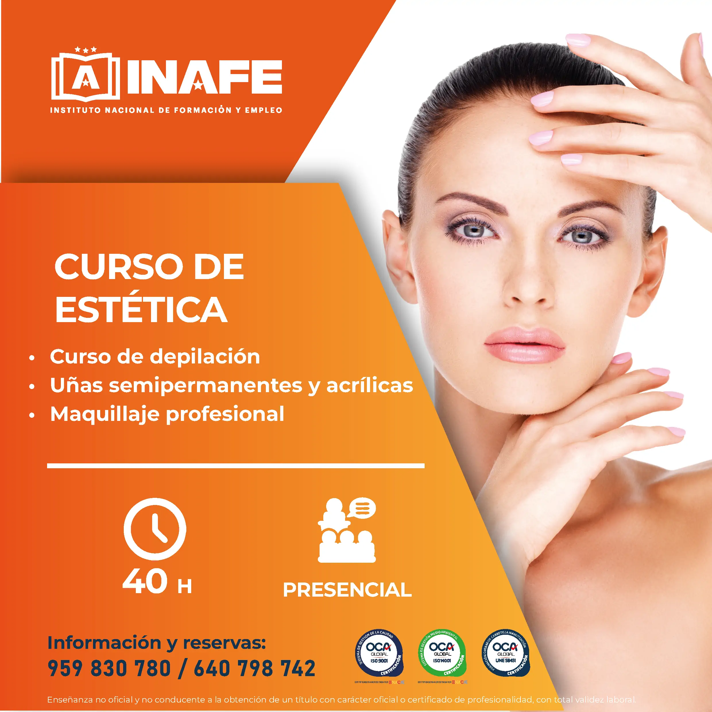 Cartel curso de est&eacute;tica con retrato de mujer y texto de INAFE &mdash; formaci&oacute;n para el empleo