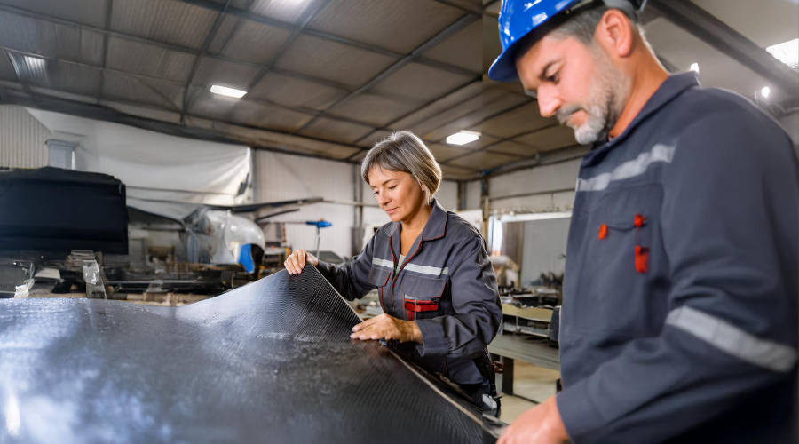 Operaria inspeccionando lámina de material compuesto en taller — cursos sector industrial