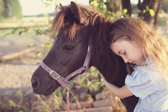 Niña abrazando a un poni marrón con cabezada rosa, cursos gratuitos