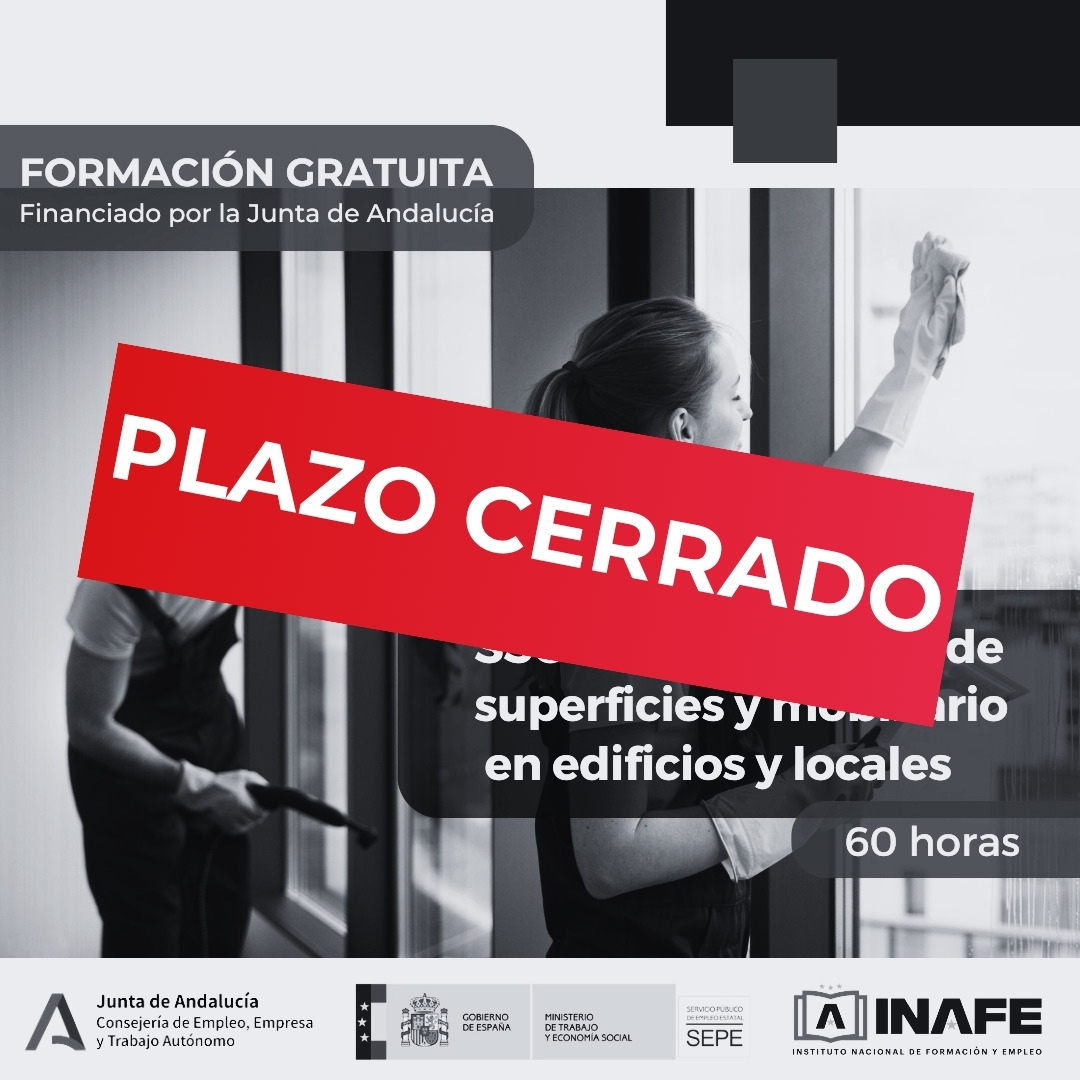 Mujer limpiando una ventana con pa&ntilde;o y guante y r&oacute;tulo rojo 'PLAZO CERRADO' &mdash; cursos gratuitos