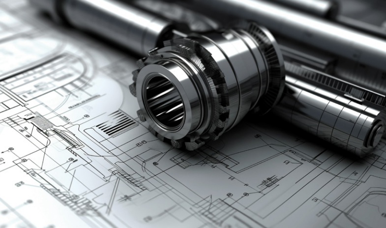 Ejes y engranajes metálicos sobre planos técnicos — mecánico industrial