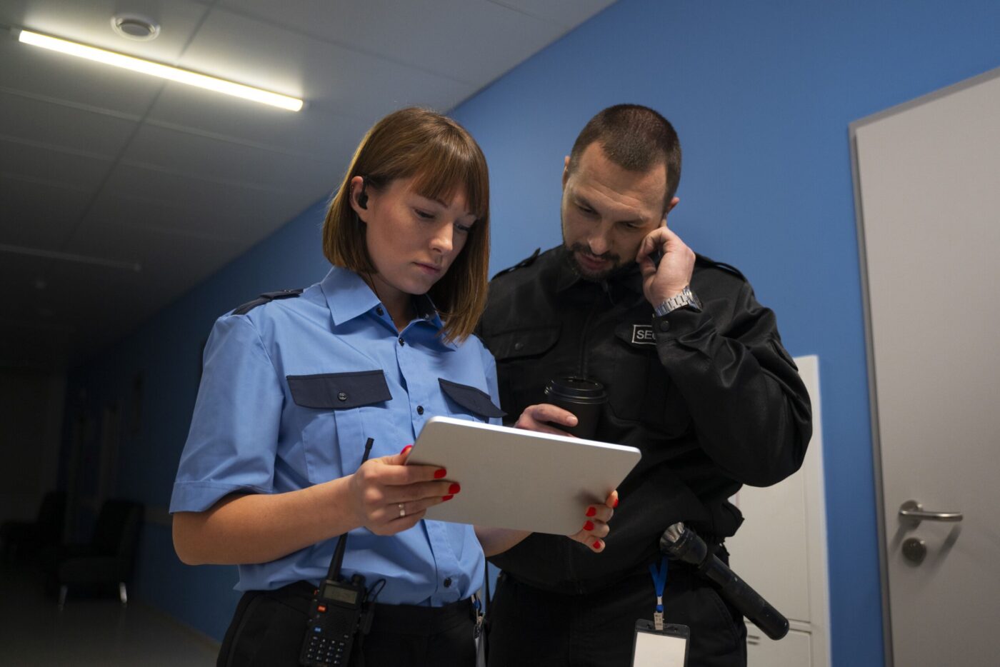 Personal de seguridad en uniforme consultando una tablet, formación para el empleo