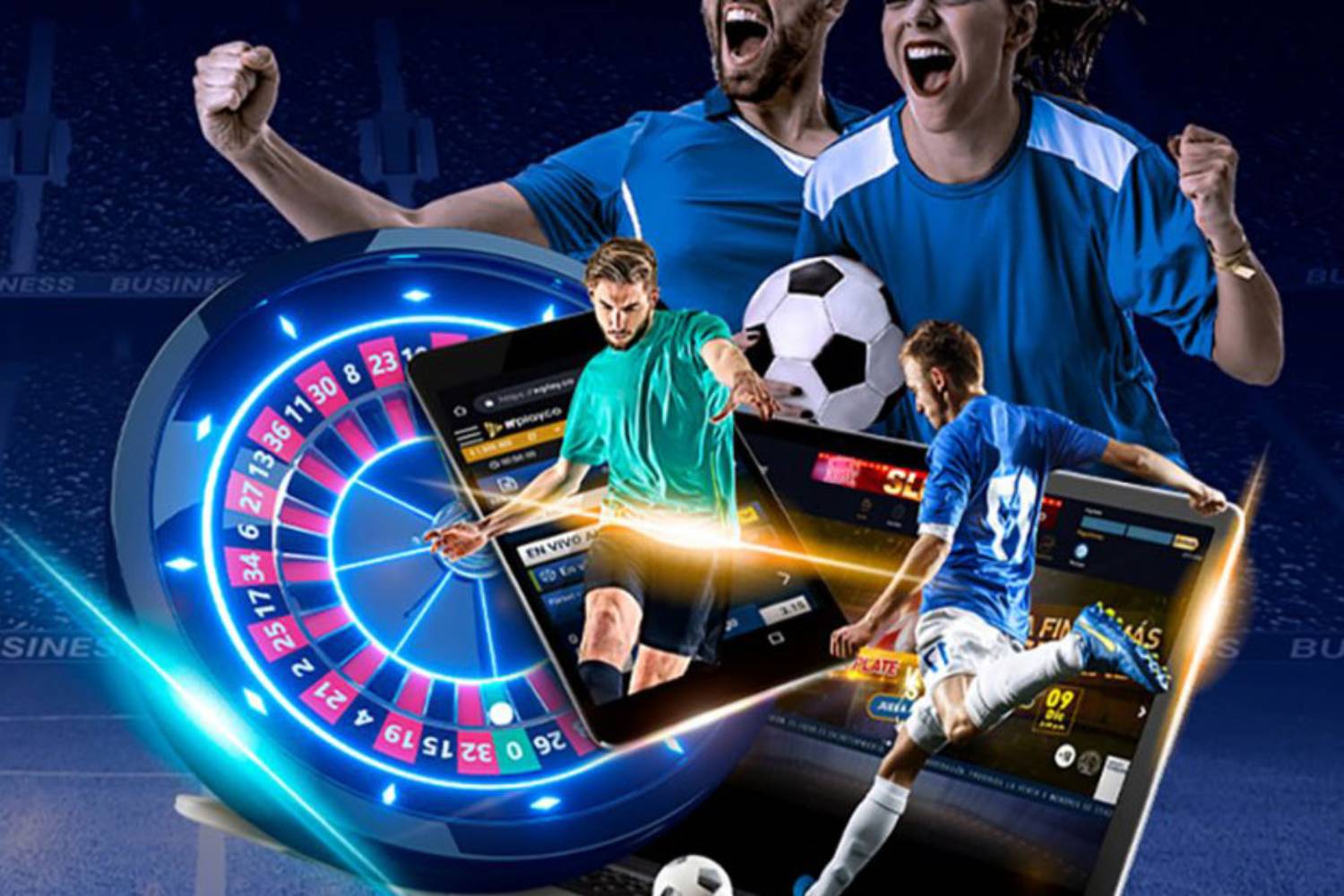 Jugadores de fútbol, ruleta virtual y pantallas de apuestas en tabletas (cursos online)