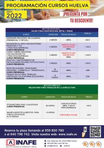 Folleto programación abril 2022 con listado de cursos en Huelva