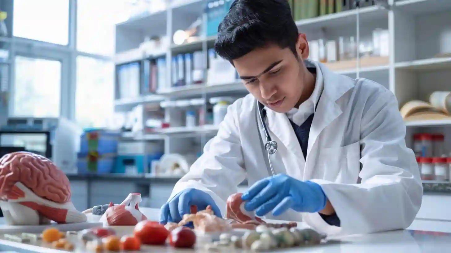Alumno en laboratorio manipulando modelos anatómicos con guantes, formación para el empleo