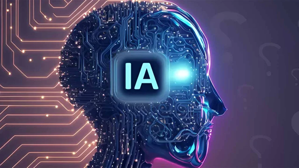 Cabeza digital de circuitos con icono 'IA' en la zona cerebral, cursos online