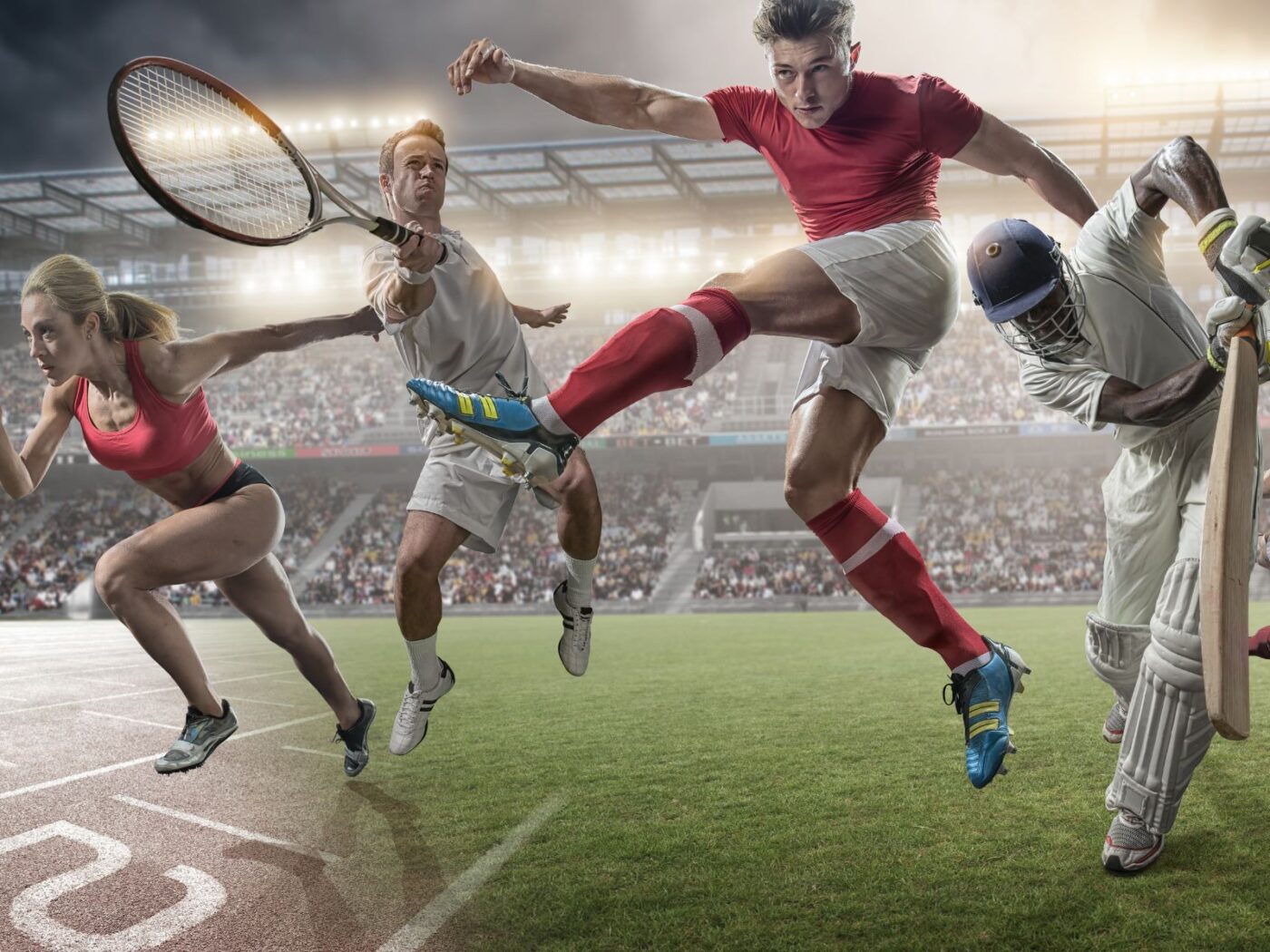 Atletas de varios deportes en acción en un estadio, cursos online