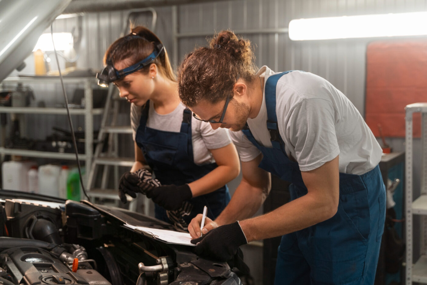 Dos personas en taller revisando el motor de un coche; mecánico industrial