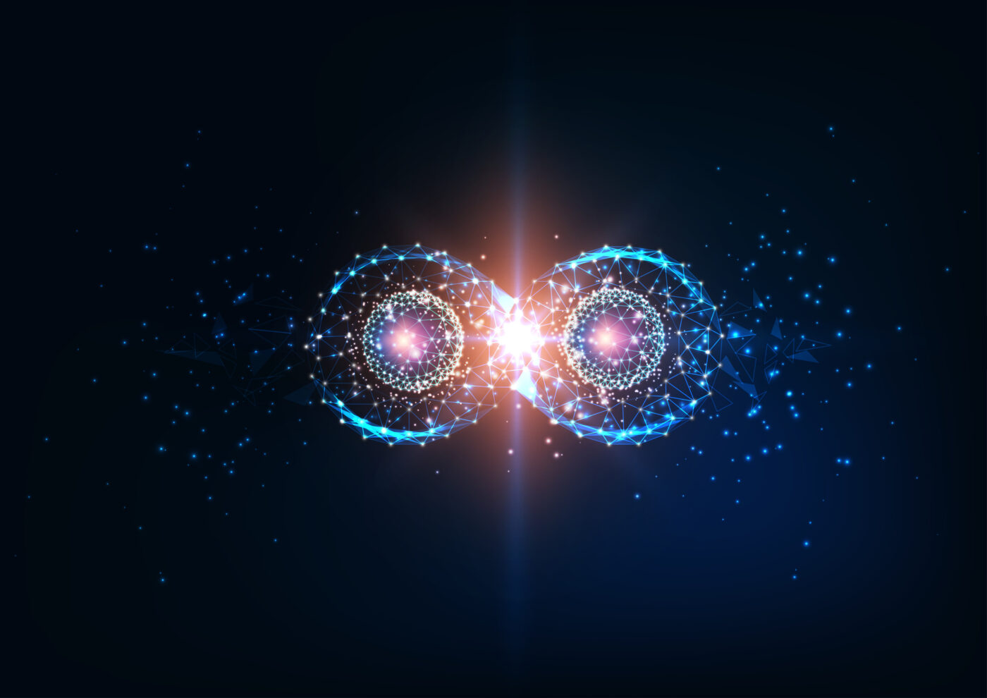 Bucle infinito digital con núcleos luminosos y malla poligonal — cursos online