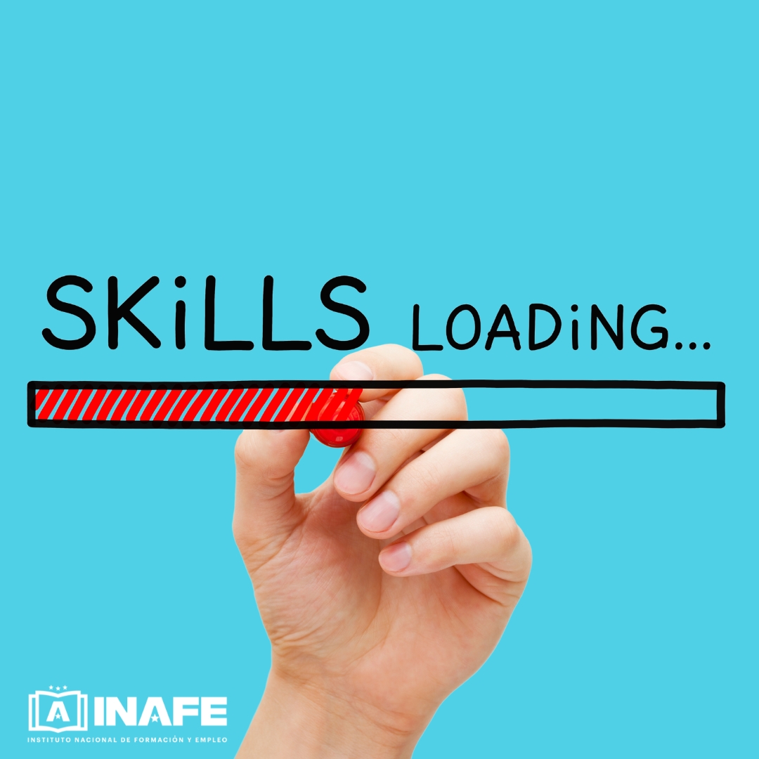 Mano dibujando una barra de progreso roja con el texto 'SKILLS LOADING...' — formación para el empleo