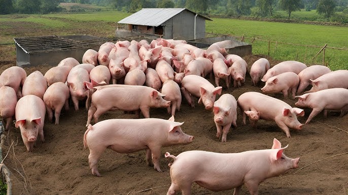 Cerdos en corral de tierra con casetas al fondo — formación para el empleo