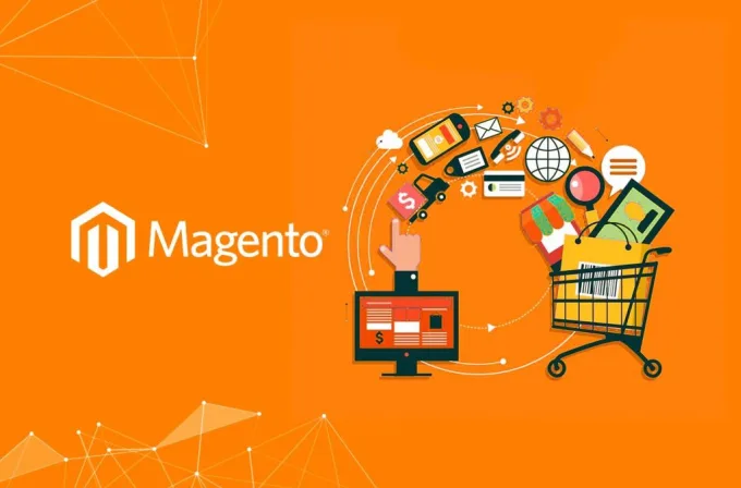 Logotipo de Magento con ordenador, iconos de compra y carrito de compras — cursos online