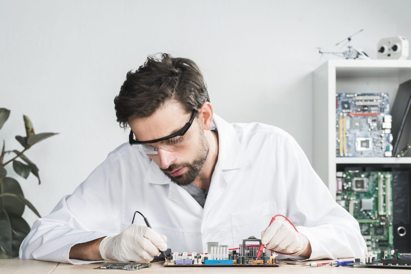 Técnico probando una placa base con multímetro en mantenimiento industrial