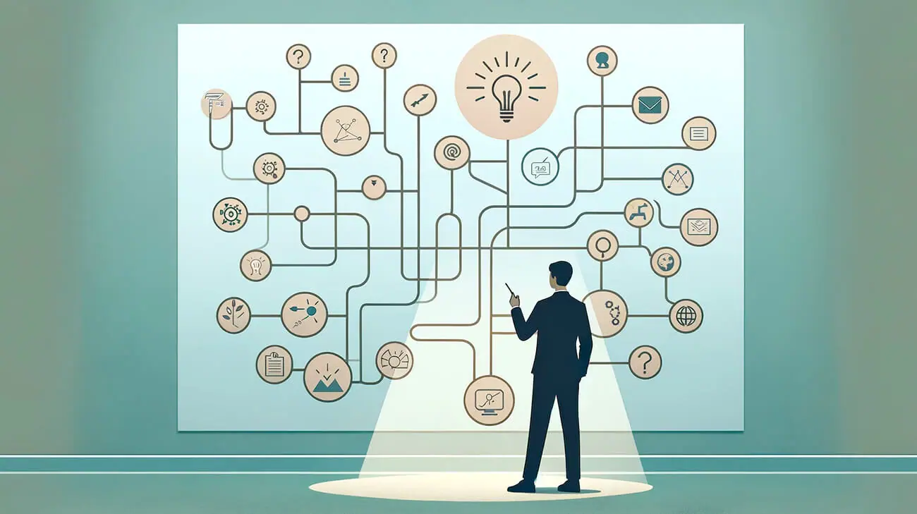 Hombre de pie frente a un gran mapa mental con iconos conectados, cursos online