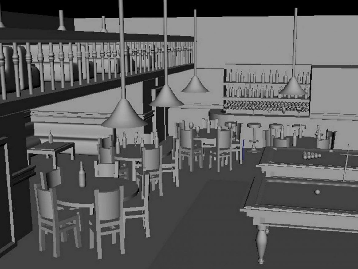 Modelo 3D de interior de bar con mesas, sillas y mesas de billar, cursos online