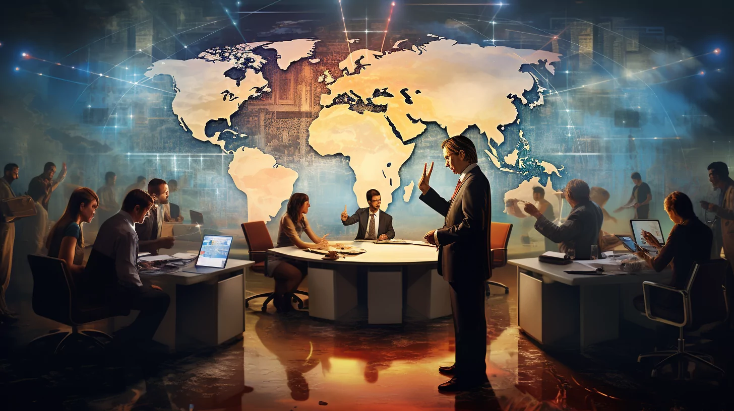 Reunión de trabajo frente a un mapa mundial digital, cursos online