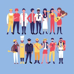 Personas con uniformes de distintos oficios, formación para el empleo