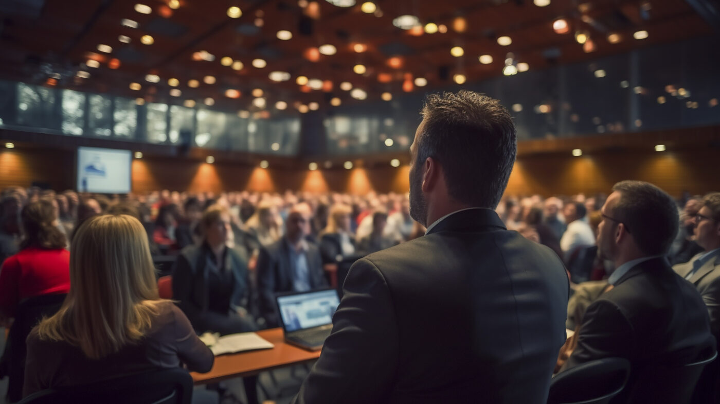 Hombre de espaldas frente a un auditorio en sala de conferencias — formación para el empleo