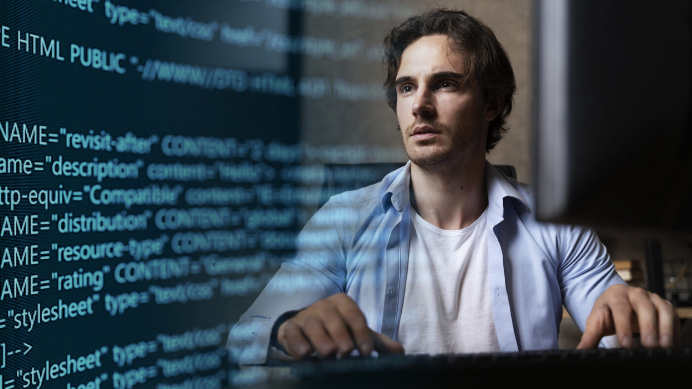 Persona programando frente a un monitor con código, cursos online