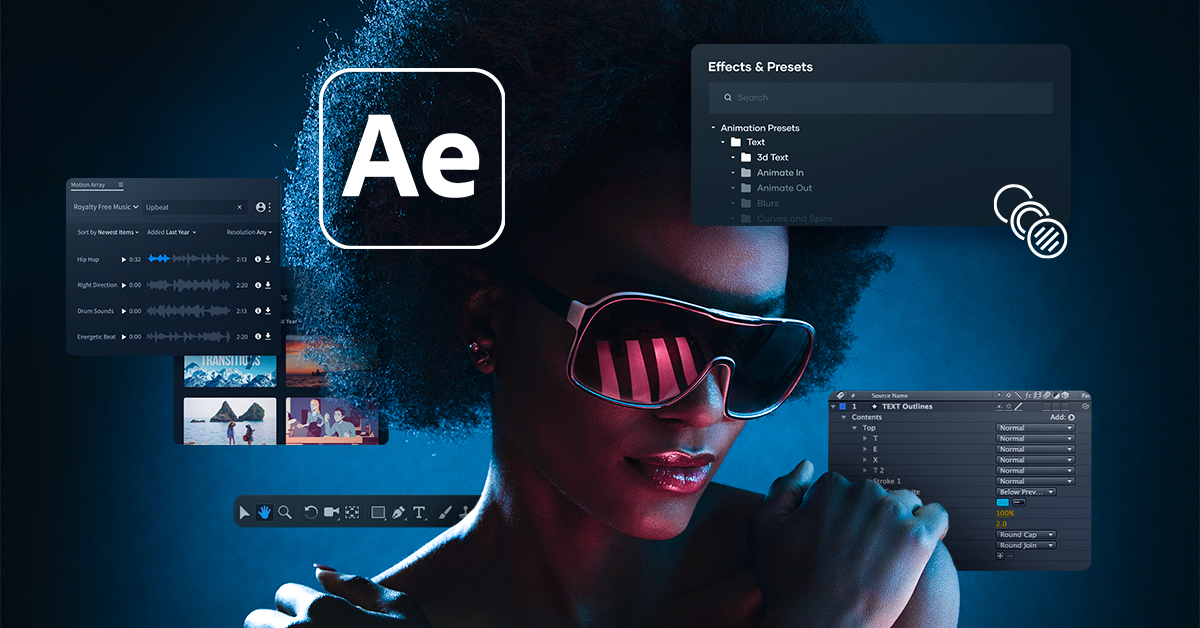 Mujer con gafas reflectantes, logo Ae y paneles de interfaz de After Effects — cursos online