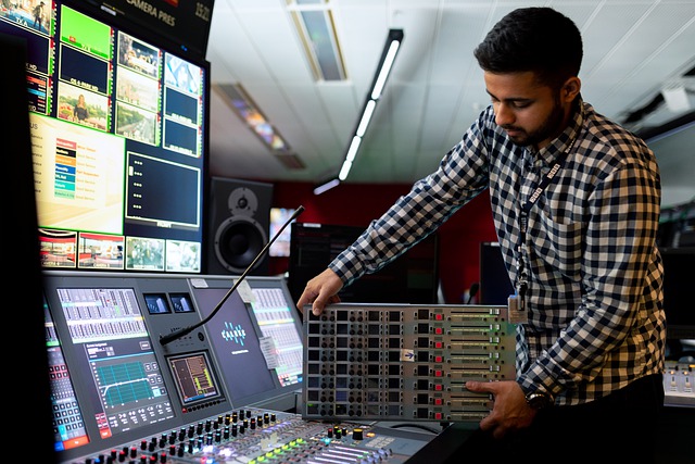 Técnico ajustando una unidad de rack en una mesa de mezclas de estudio — cursos online