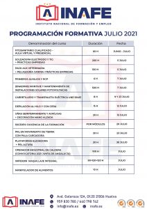 Programación formativa de INAFE (julio 2021) con listado de cursos, incluye carretillero