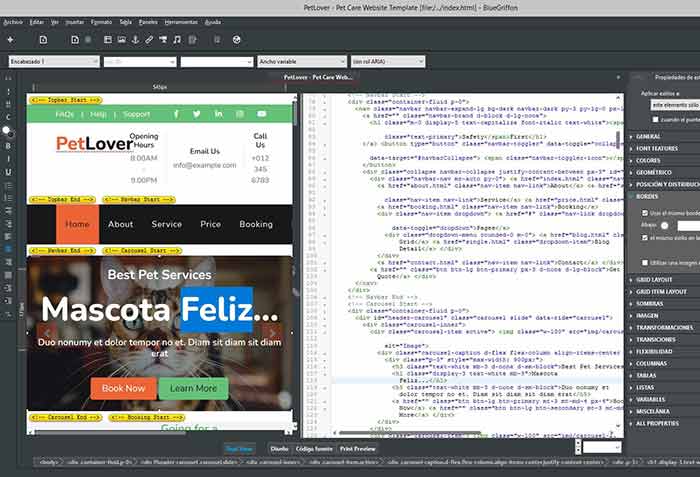 Editor web en vista dividida mostrando la plantilla 'PetLover' y código HTML, cursos online