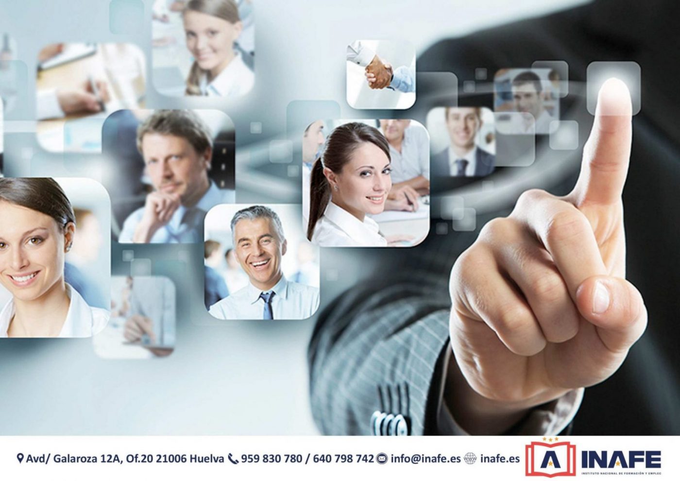 Mano tocando interfaz virtual con retratos de profesionales, cursos en Huelva