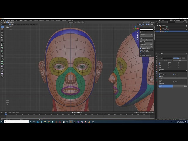 Cabeza 3D en Blender, malla y topología coloreada en vistas frontal y lateral — cursos online