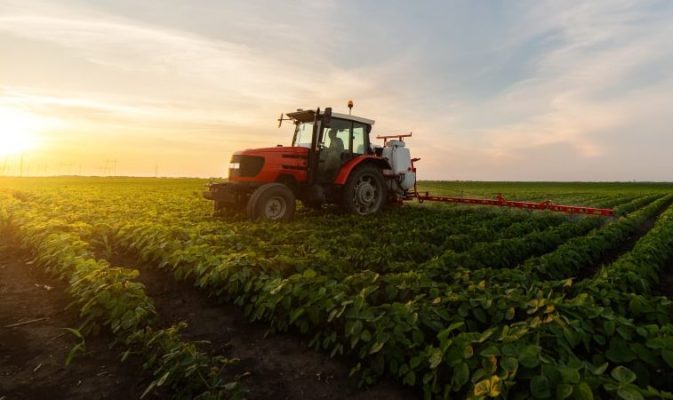 Tractor rojo con pulverizador trabajando en un cultivo al atardecer