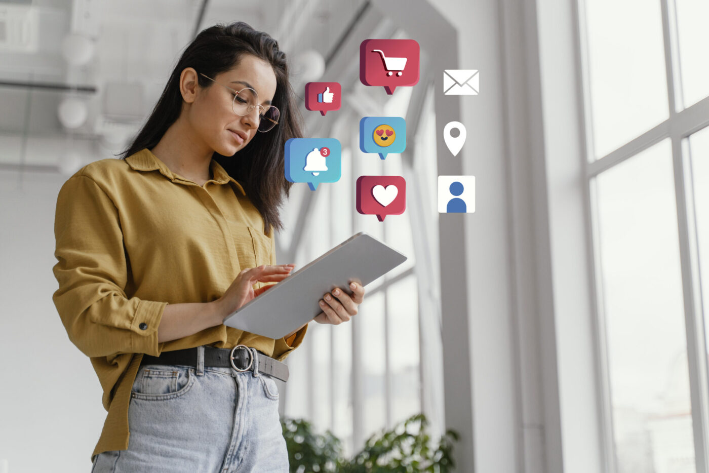 Mujer con tablet y iconos flotantes de redes sociales, cursos online