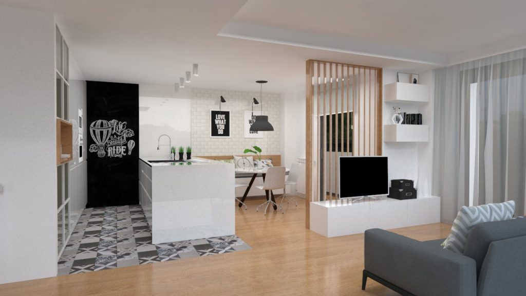 Salón y cocina abierta con isla, separador de lamas y televisor, suelo mixto de madera y baldosas — cursos online