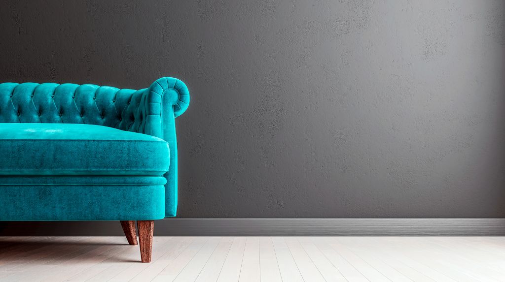 Sofá chester turquesa tapizado con pata de madera, cursos online