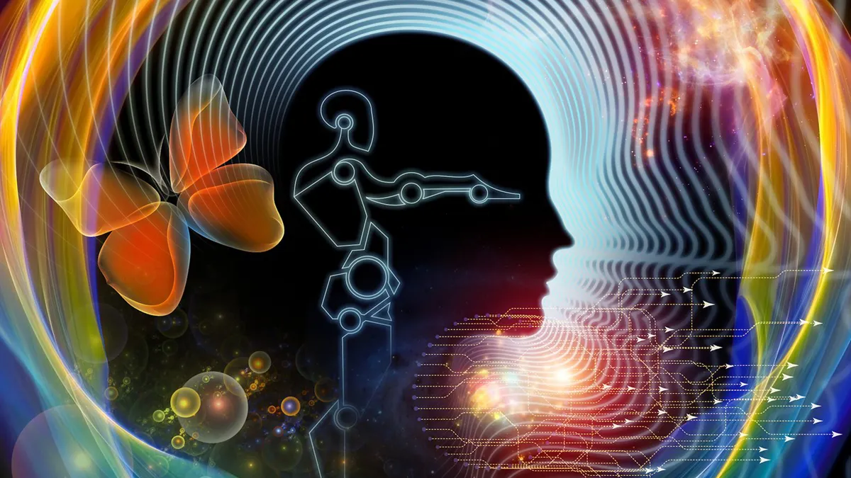 Perfil humano y figura robótica sobre fondo abstracto y colorido, concepto de cursos online